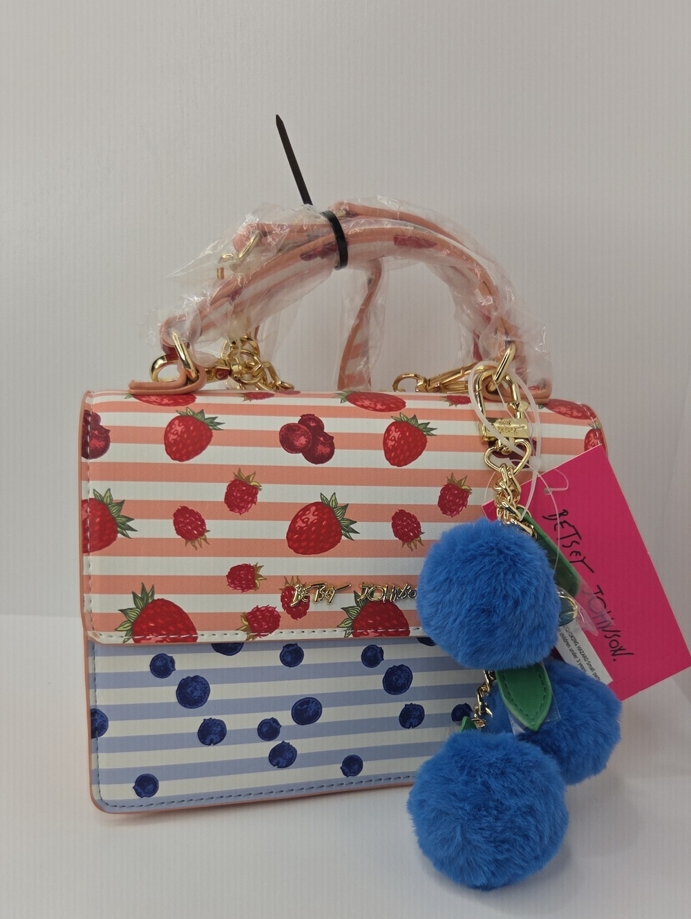 💕▪️ Betsey Johnson▪️ Strawberry/  Blueberry Pom Pom Charm Satchel Berrries Bag
